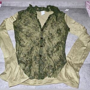 Rubber Ducky Women’s V‎ Neck Lace Blouse Olive Green Top Blouse M